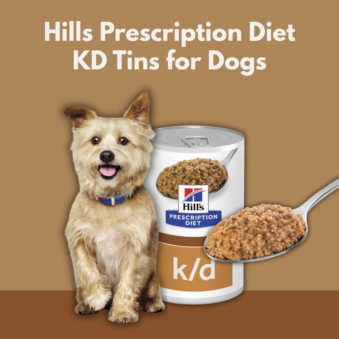 Hills Prescription Diet KD Tins for Dogs with a dog and spoonful of food on a brown background