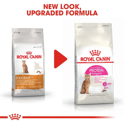 Two packages of Royal Canin Exigent cat food with a red play button graphic.