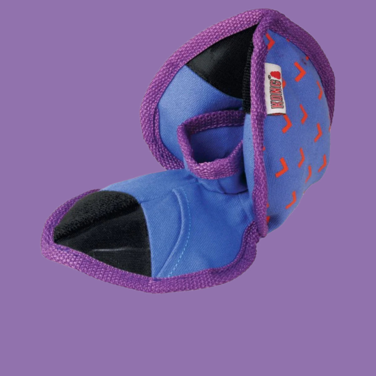 Blue and purple dog toy with a brand label on a white background
