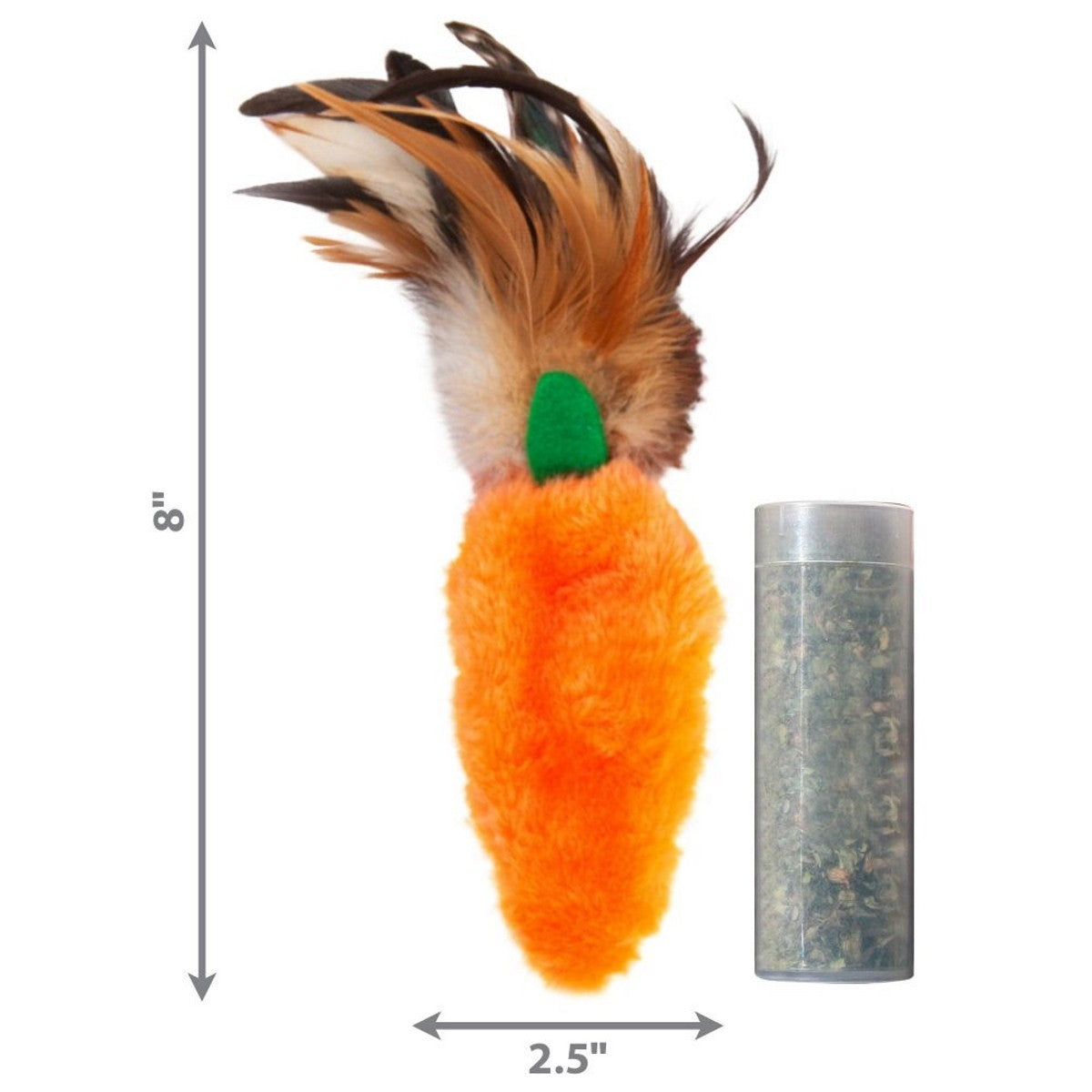 Carrot-shaped cat toy with feathers and a cylindrical container for scale on a white background