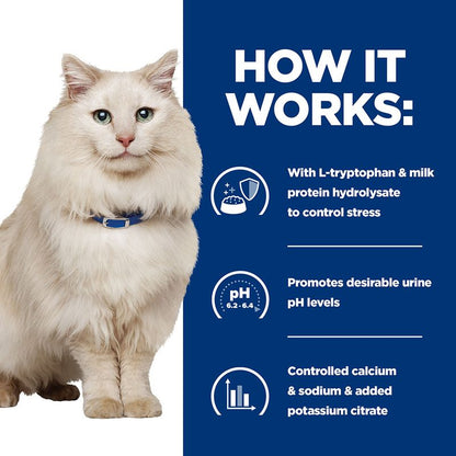 White cat with a blue background and text about product benefits