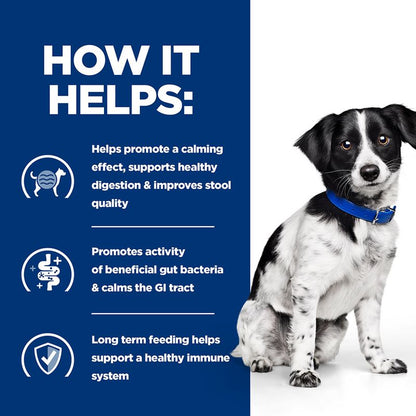 Dog with a blue collar on a white background, next to text about product benefits on a blue background.