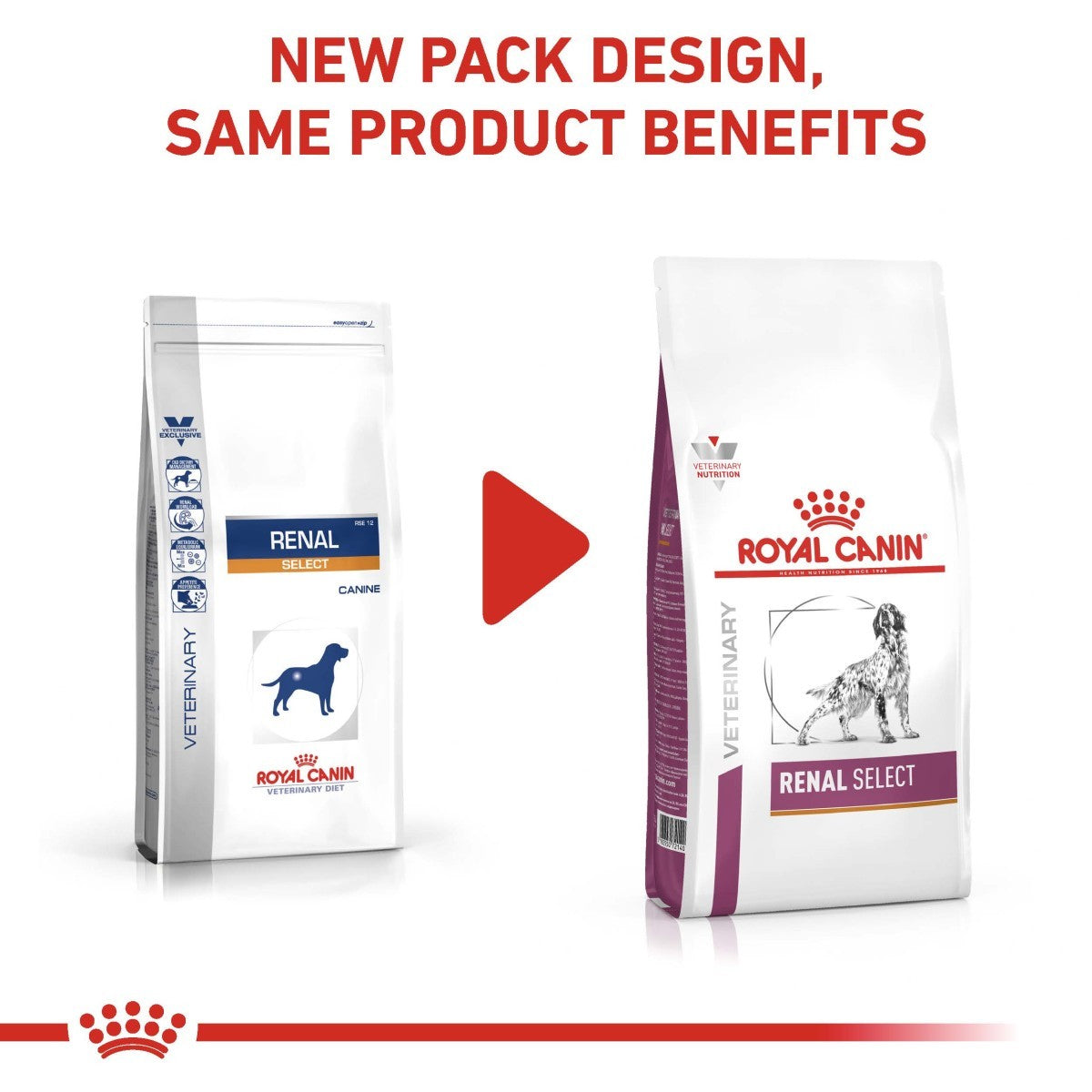 Two packages of Royal Canin Renal Select dog food with a red arrow between them on a white background.