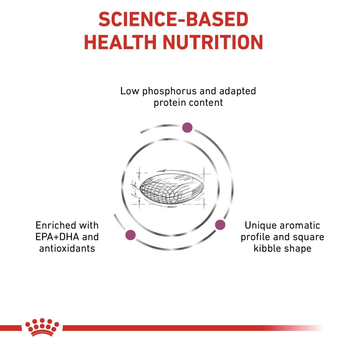 Diagram of science-based health nutrition for pet food with text and a kibble illustration.