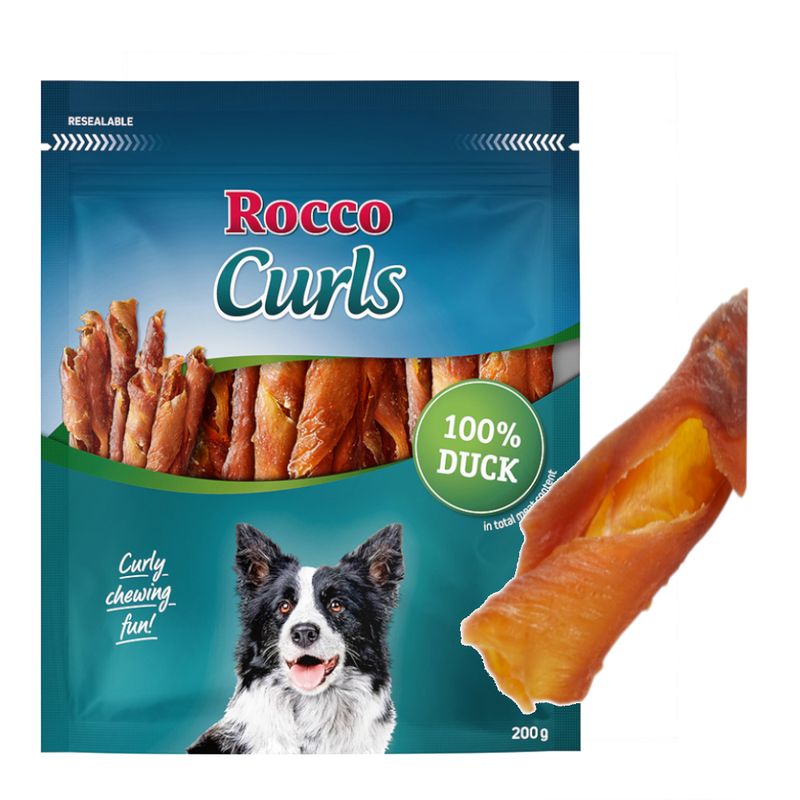 Rocco Curls dog treat package with a dog on a white background