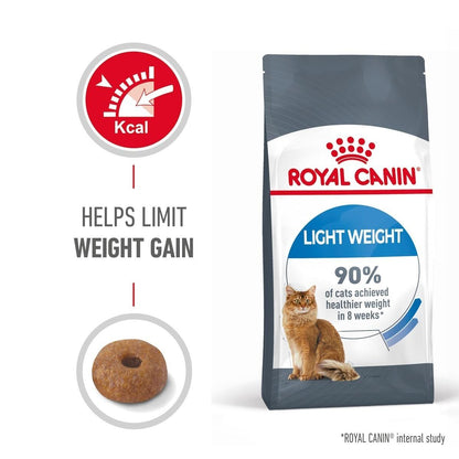 Royal Canin Light Weight cat food package with a cat and donut illustration on a white background