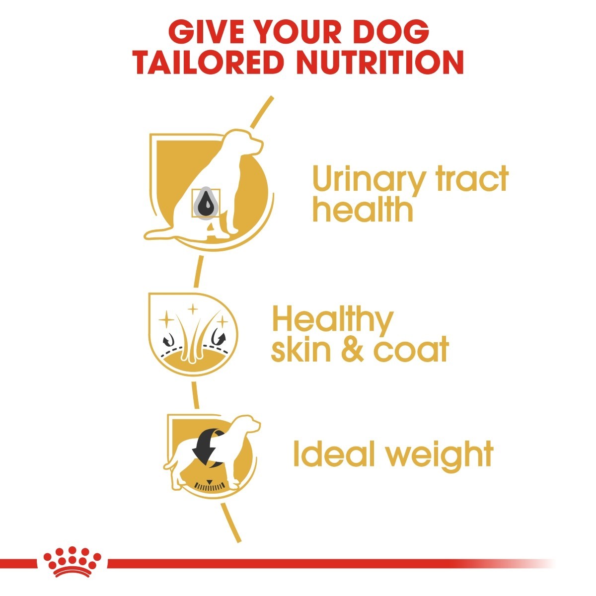 Dog food label promoting tailored nutrition for urinary tract health, healthy skin & coat, and ideal weight.