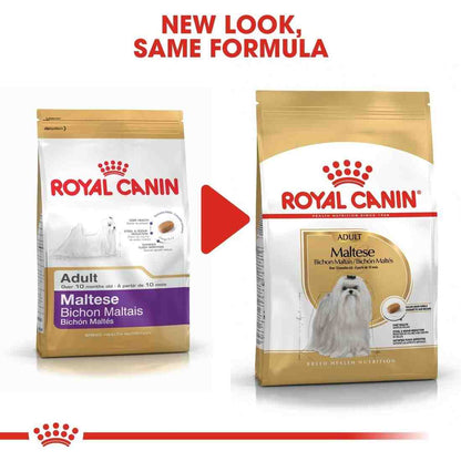 Two packages of Royal Canin Maltese dog food with a red arrow between them.