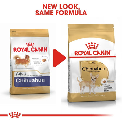 Two packages of Royal Canin Chihuahua dog food with a red arrow and text indicating 'New Look, Same Formula'.