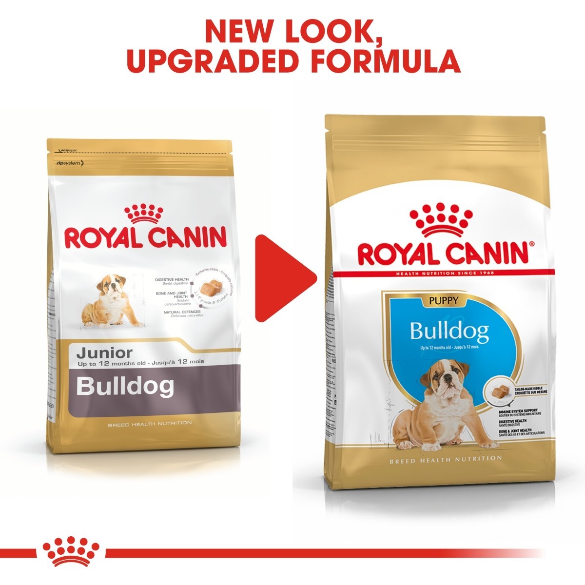 Two packages of Royal Canin Bulldog dog food with text indicating a new look and upgraded formula.