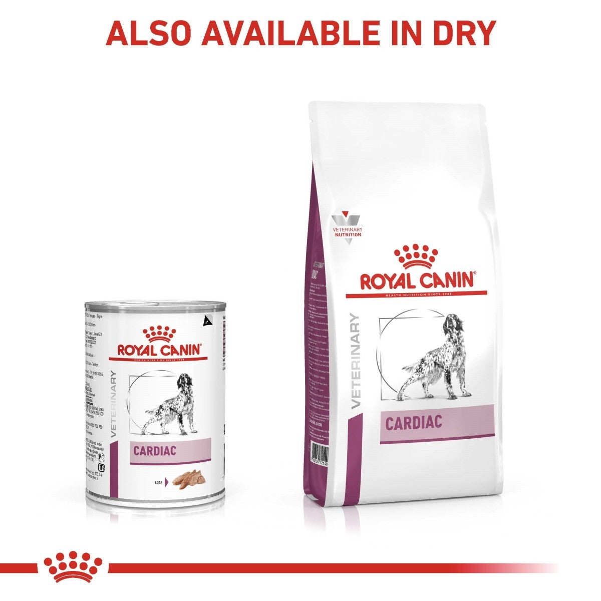 Royal Canin Veterinary Diet Cardiac can and bag on a white background