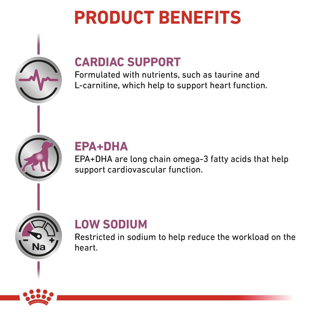 Product benefits for a dietary supplement with icons and text on a white background