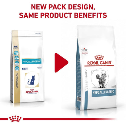Two packages of Royal Canin Veterinary Diet Hypoallergenic on a white background with text about new packaging design.