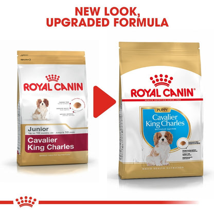 Two packages of Royal Canin Cavalier King Charles dog food with a red arrow between them indicating a new look and upgraded formula.