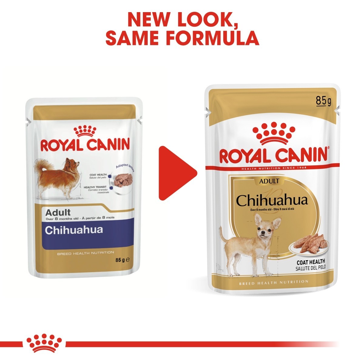 Two packages of Royal Canin Chihuahua dog food with a red arrow and text indicating 'New Look, Same Formula'.