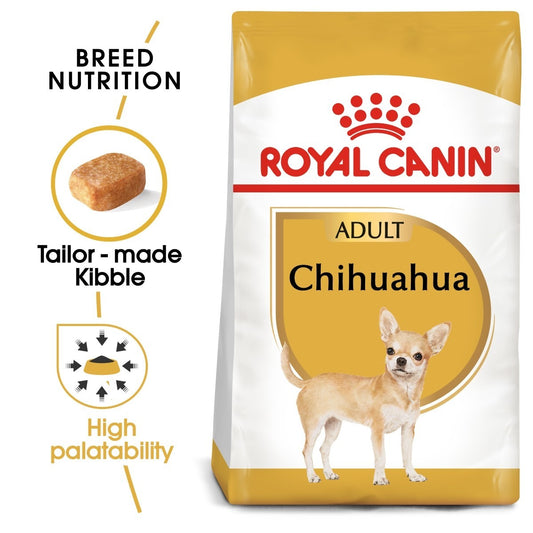 Royal Canin Chihuahua dog food package with text highlighting features