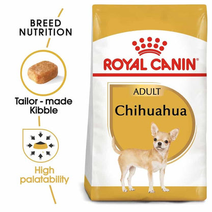 Royal Canin Chihuahua dog food packaging with text highlighting features.