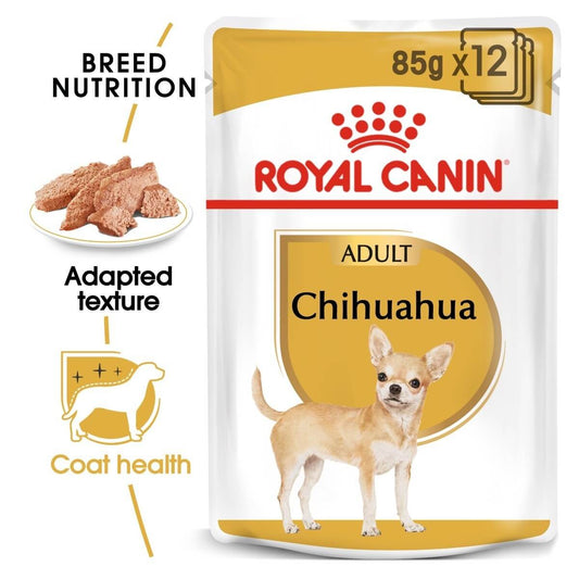 Royal Canin Chihuahua wet dog food package with text highlighting features.