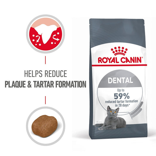 Royal Canin Dental cat food package with text about plaque and tartar reduction on a white background