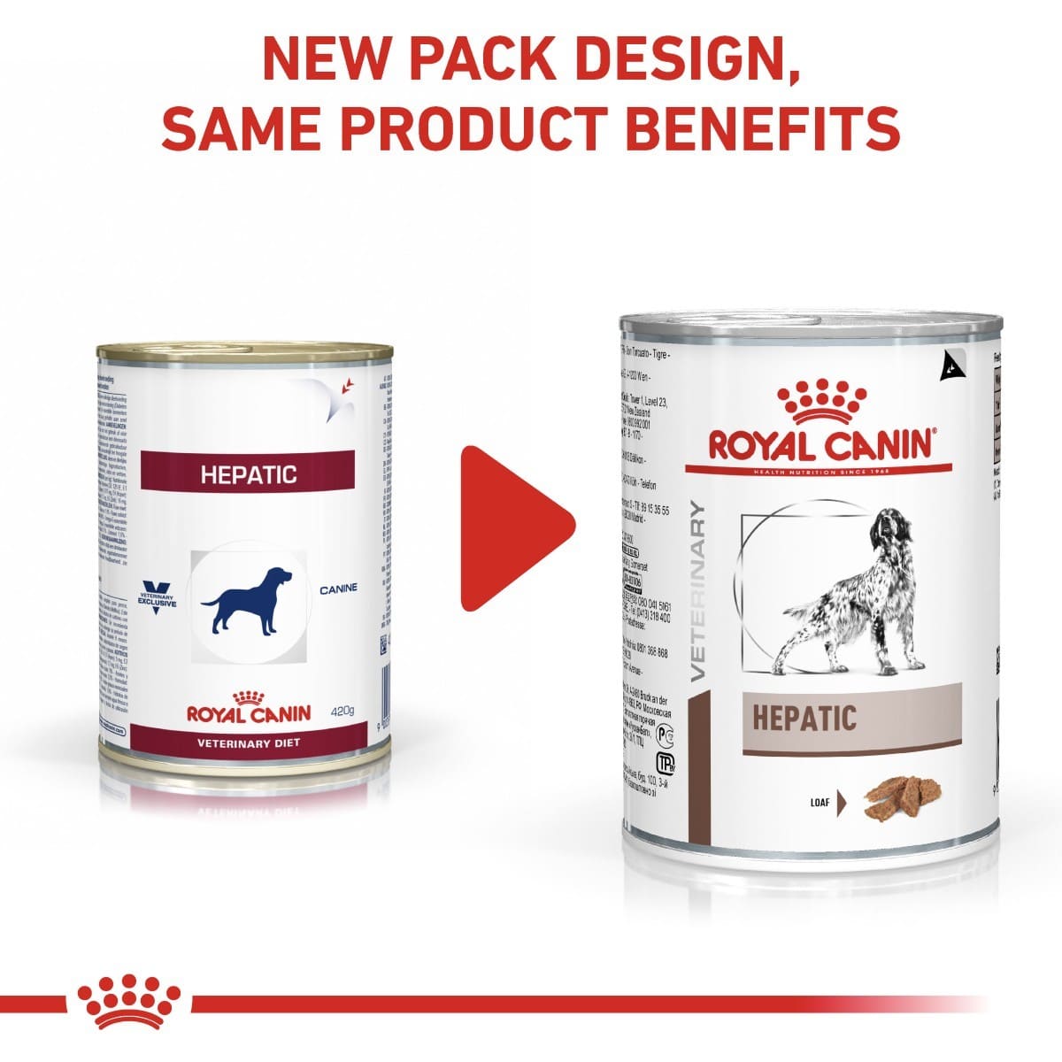 Two cans of Royal Canin Hepatic Veterinary Diet with a red arrow between them on a white background.