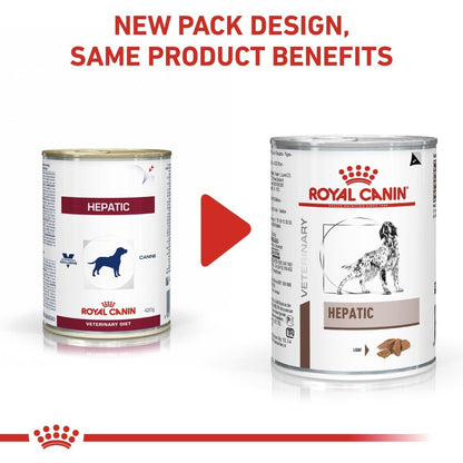 Two cans of Royal Canin Hepatic Veterinary Diet with a red arrow between them on a white background.