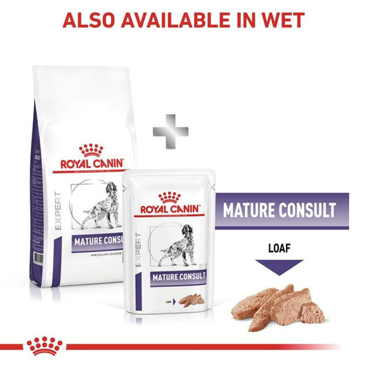 Royal Canin Mature Consult pet food packaging with a loaf on a white background