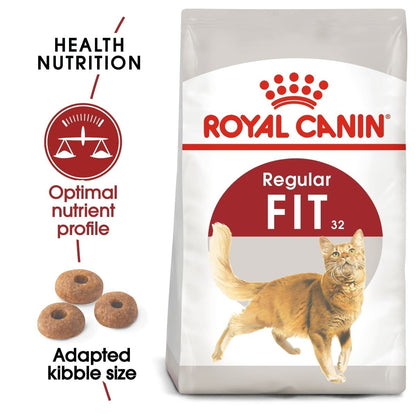 Royal Canin Regular Fit 32 cat food bag with a cat illustration and product features.