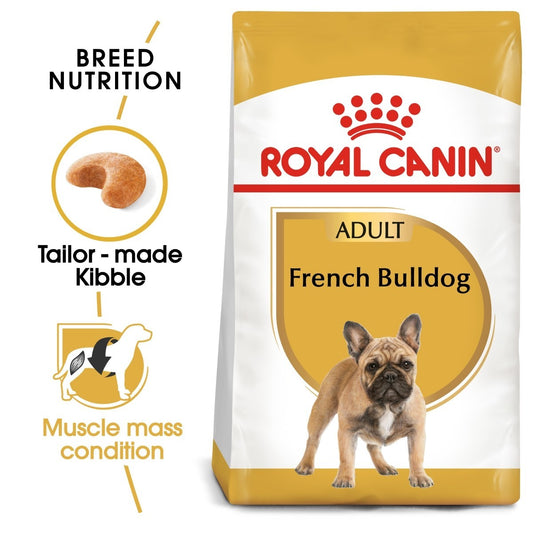 Royal Canin Adult French Bulldog dog food packaging on a white background