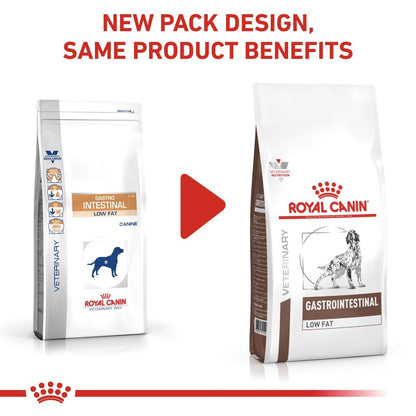 Two packages of Royal Canin Veterinary Diet Gastrointestinal Low Fat on a white background with text about new packaging design.