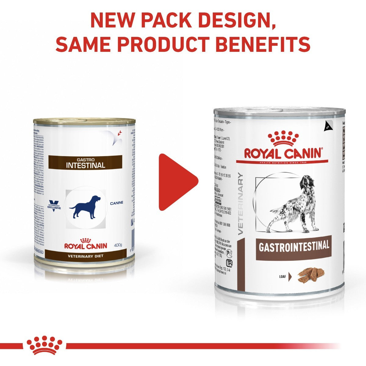Two cans of Royal Canin Veterinary Diet Gastrointestinal on a white background with text about new packaging design.