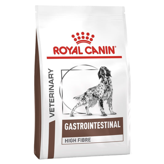 Royal Canin Veterinary Gastrointestinal High Fibre dog food packaging on a white background
