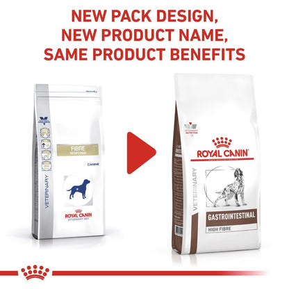 Two Royal Canin pet food packages with text about new packaging design and product name.