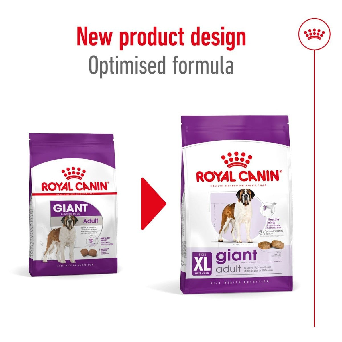 Two packages of Royal Canin Giant Adult dog food with a red arrow between them on a white background.