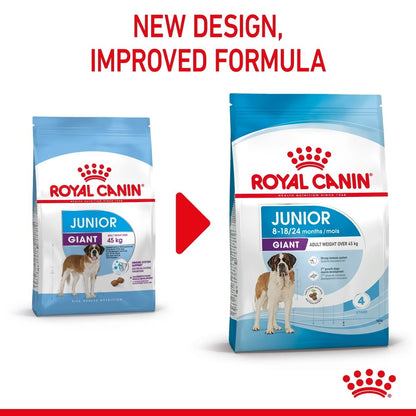 Two packages of Royal Canin Junior Giant dog food with a red arrow and text indicating new design and improved formula.