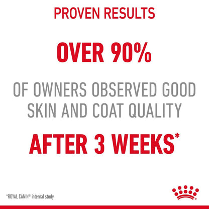Advertisement for Royal Canin with text about proven results on pet skin and coat quality.