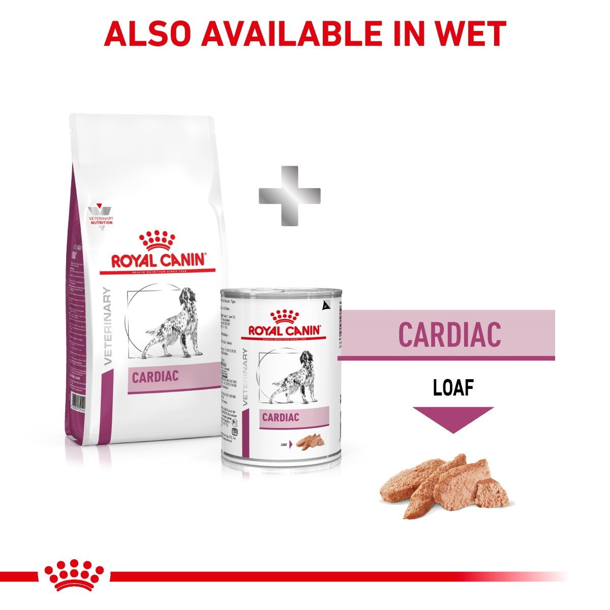 Royal Canin Veterinary Diet Cardiac pet food package and can on a white background