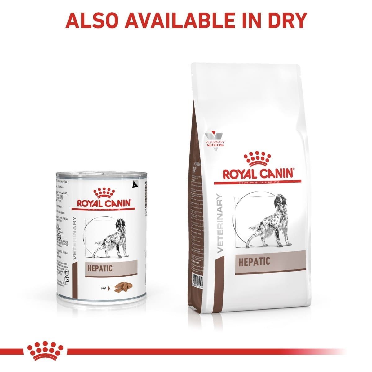 Royal Canin Hepatic canned and dry pet food on a white background