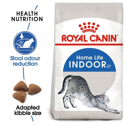 Royal Canin Home Life Indoor 27 cat food bag with features listed on a white background