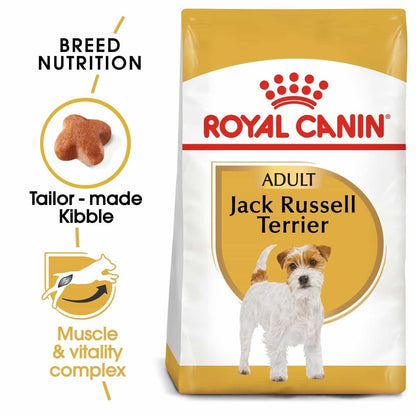 Royal Canin Adult Jack Russell Terrier dog food packaging with branding and product features.