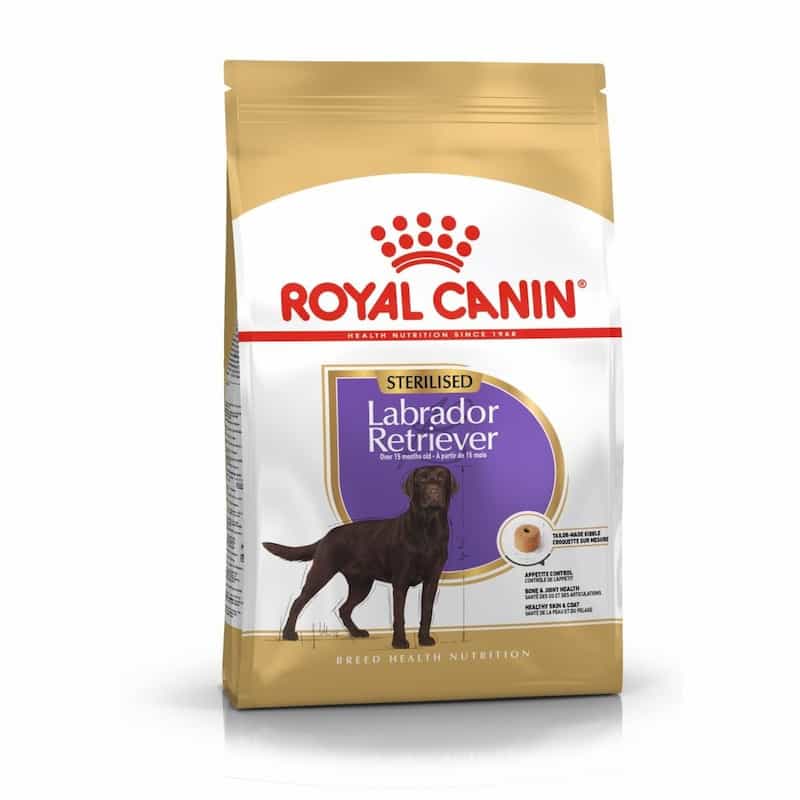 Royal Canin Labrador Retriever dog food package on a white background