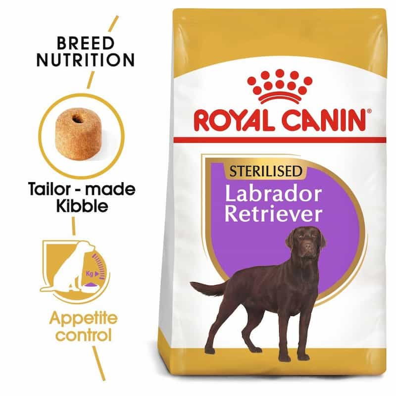 Royal Canin Labrador Retriever dog food package with text highlighting features.