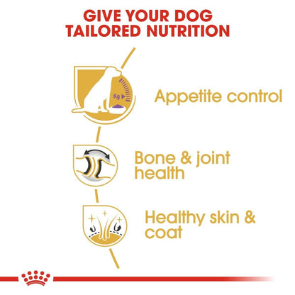 Dog food product with nutritional benefits listed on a white background
