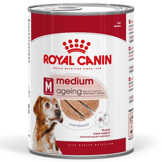 Royal Canin Medium Ageing dog food can on a white background