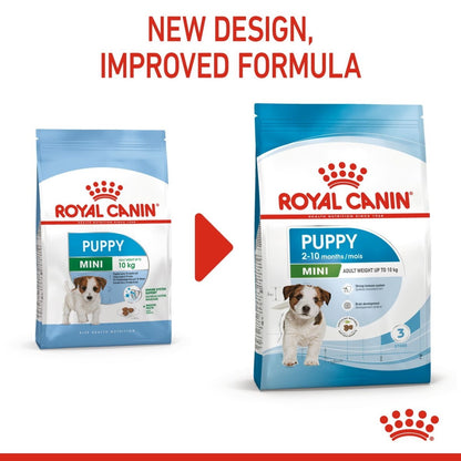 Two packages of Royal Canin Puppy food with a red arrow and text indicating new design and improved formula.