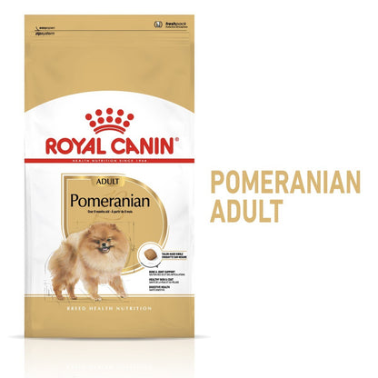 Royal Canin Pomeranian adult dog food packaging on a white background