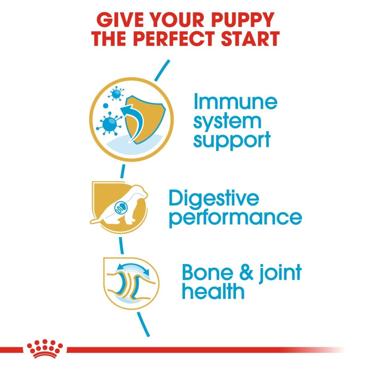 Advertisement for pet food with icons and text about immune system support, digestive performance, and bone & joint health.