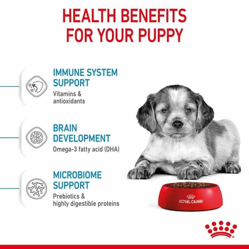 Advertisement for Royal Canin puppy food with a puppy and health benefits listed.