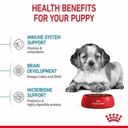 Advertisement for Royal Canin puppy food with a puppy and health benefits listed.