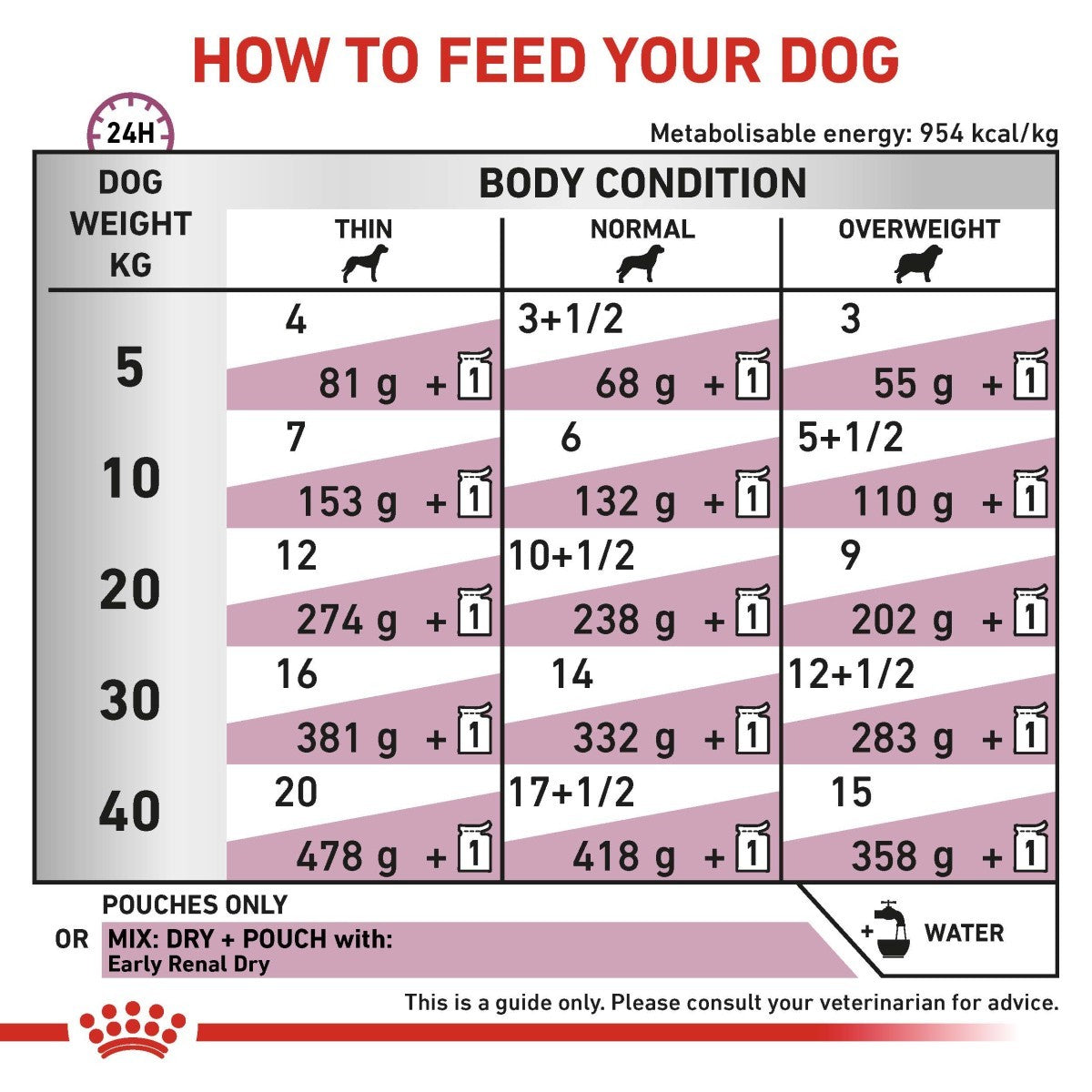 Feeding chart for dogs showing recommended daily feed amounts based on weight and body condition.