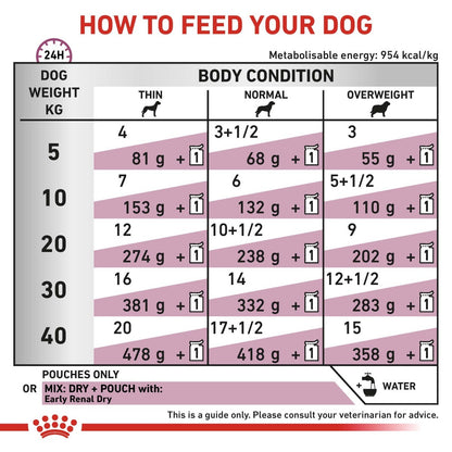 Feeding chart for dogs showing recommended daily feed amounts based on weight and body condition.